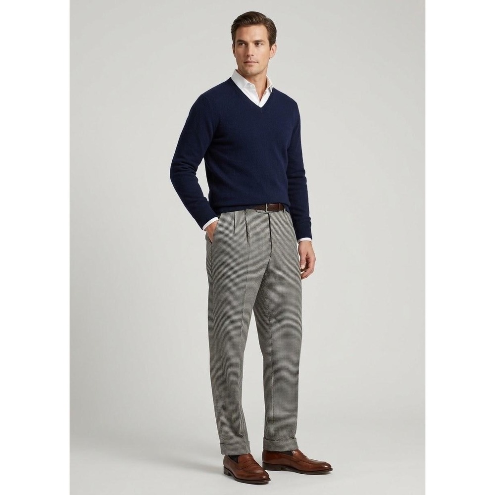 Lauren Ralph Lauren Dress Pants Mens 36x32 Brown Houndstooth Pleated Wool Cuffed